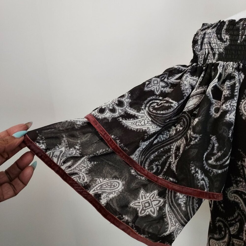 Loft Off The Shoulder Paisley Ruffled Velvet Trim Sleeve Top Size Medium NWT - Picture 8 of 10